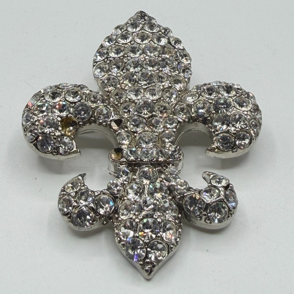 Clear Rhinestone Fleur de Lis Brooch Silver Tone Crystal Statement Pin Gift